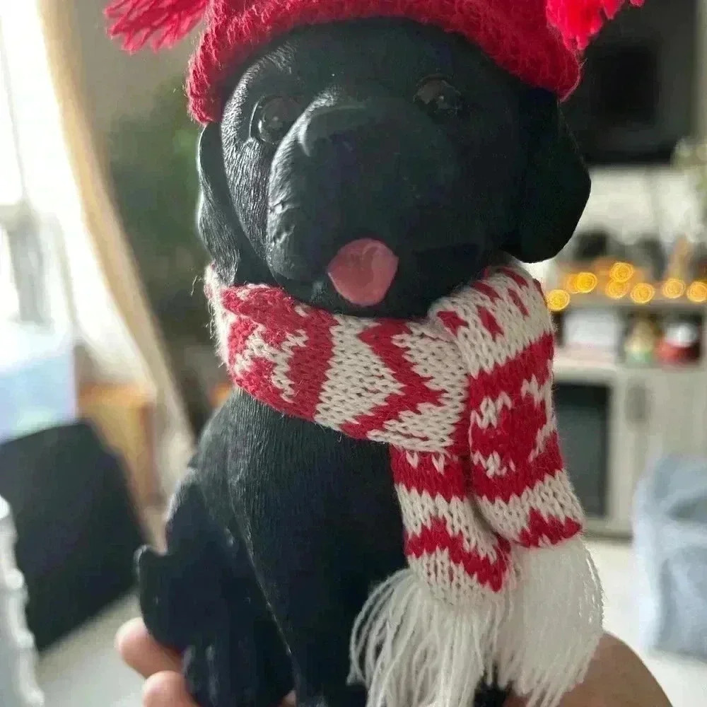 ❤️ Holiday Black Dog w Knit Winter Red Hat w Knit Scarf Figurine Christmas Cute - Picture 3 of 3